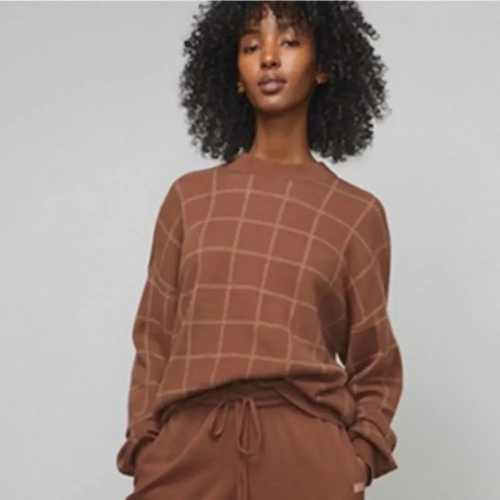 Lunya Cozy Cotton Silk Pullover Sweater Walnut Windowpane Brown NWT Medium NEW - Picture 5 of 11